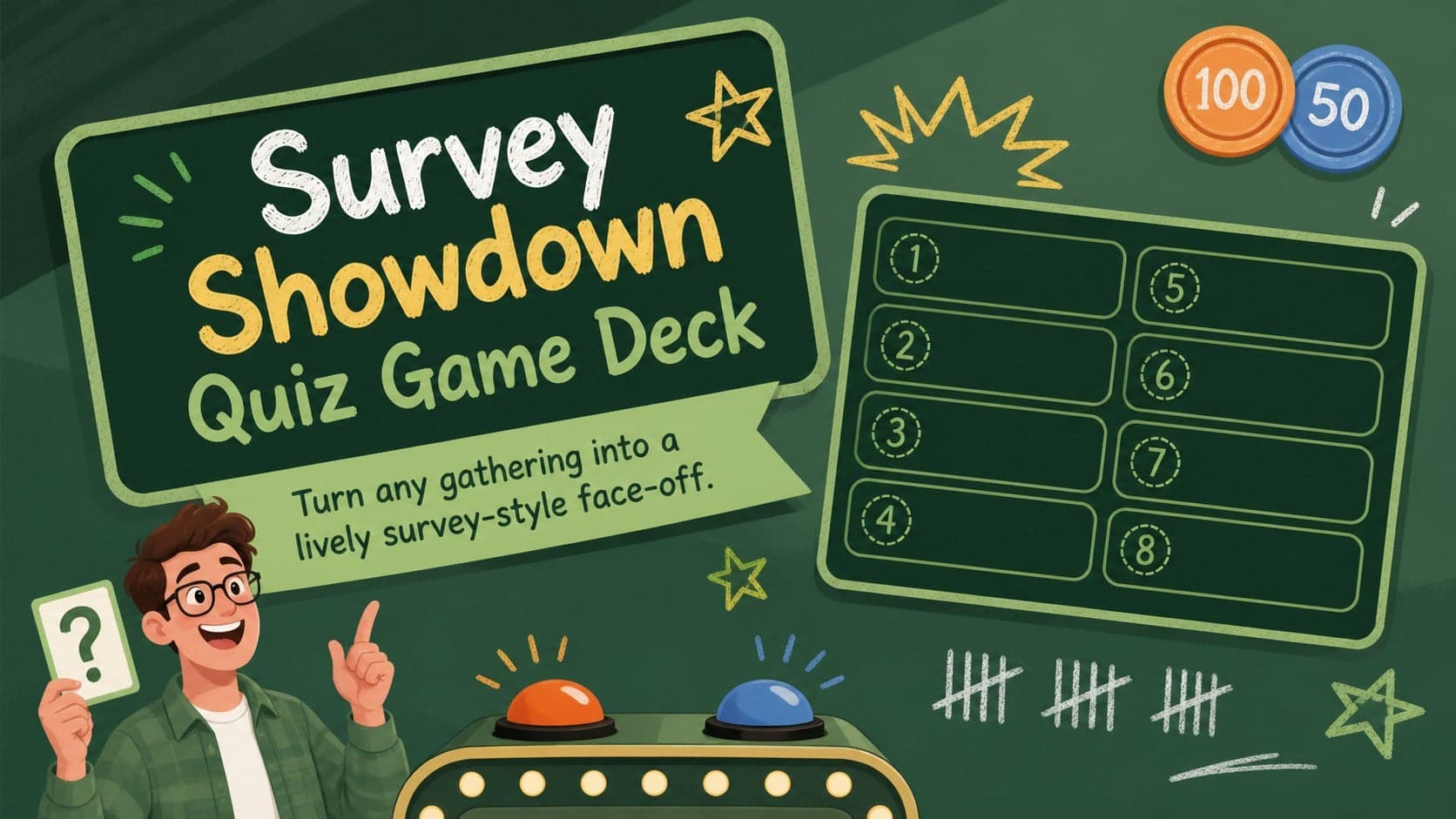 Green illustrated cover for the Survey Showdown Quiz Game Deck with a playful quiz board and team score accents.