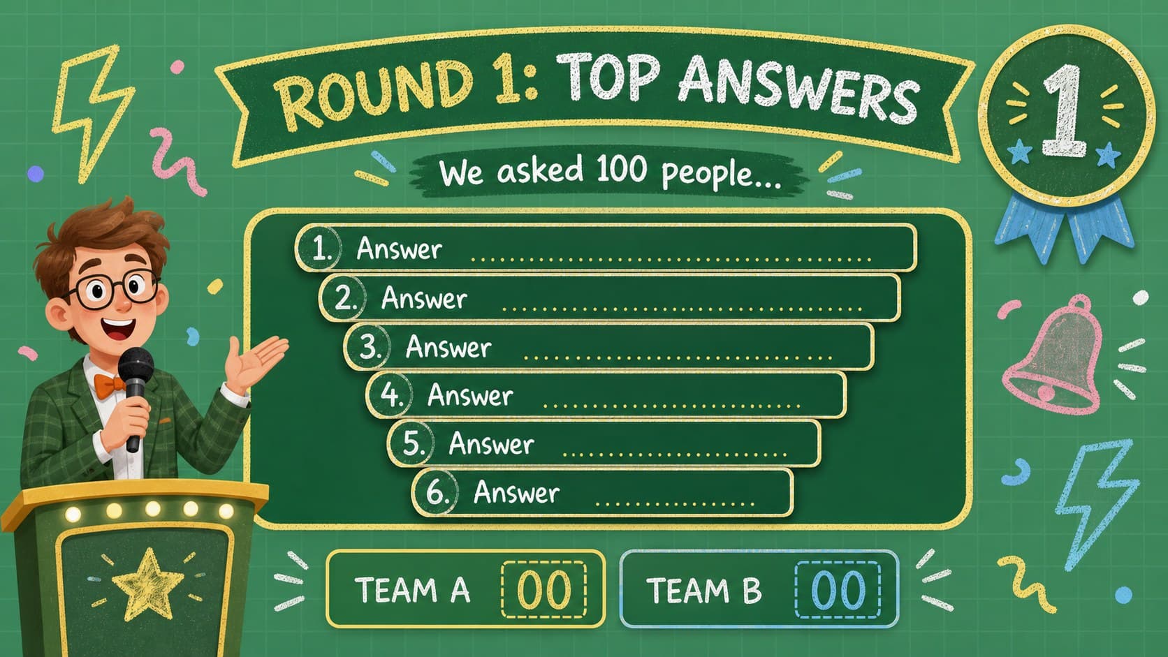 Editable game show answer board displaying six ranked survey responses on a bright green quiz slide.