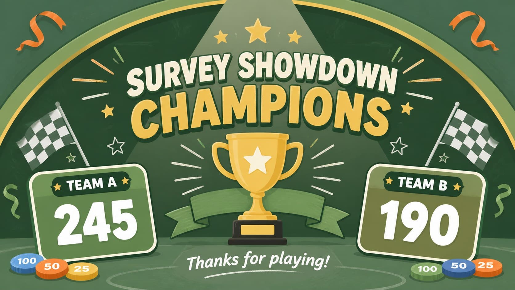 Green team trivia scoreboard slide announcing a survey showdown winner with editable final scores.