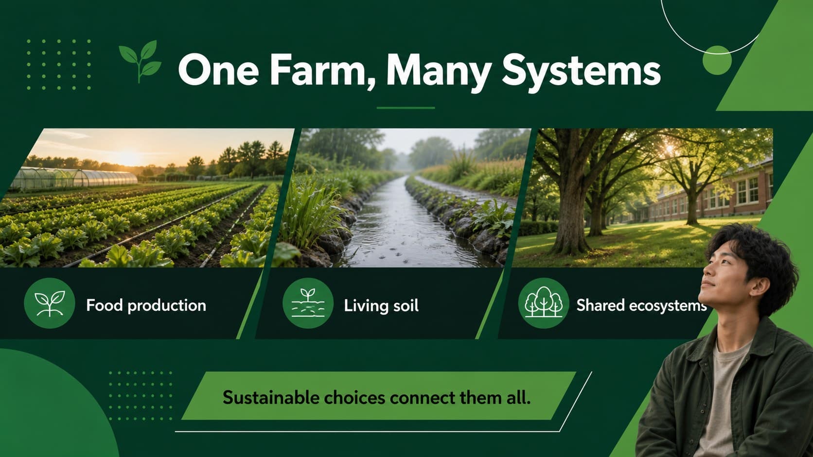 Educational slide explaining how farming connects with campus ecology and environmental systems.