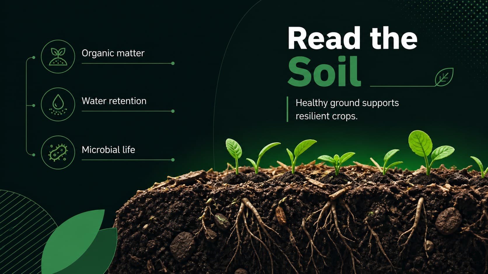 Soil health lesson slide showing key indicators for sustainable agriculture research.