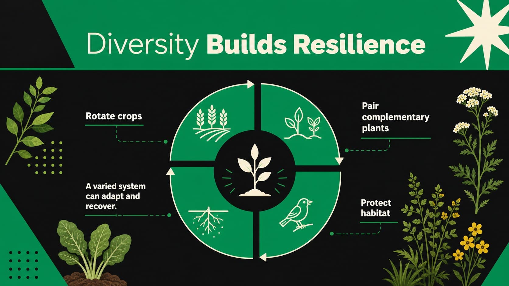 Crop diversity slide illustrating rotation, companion planting, and biodiversity in farming.