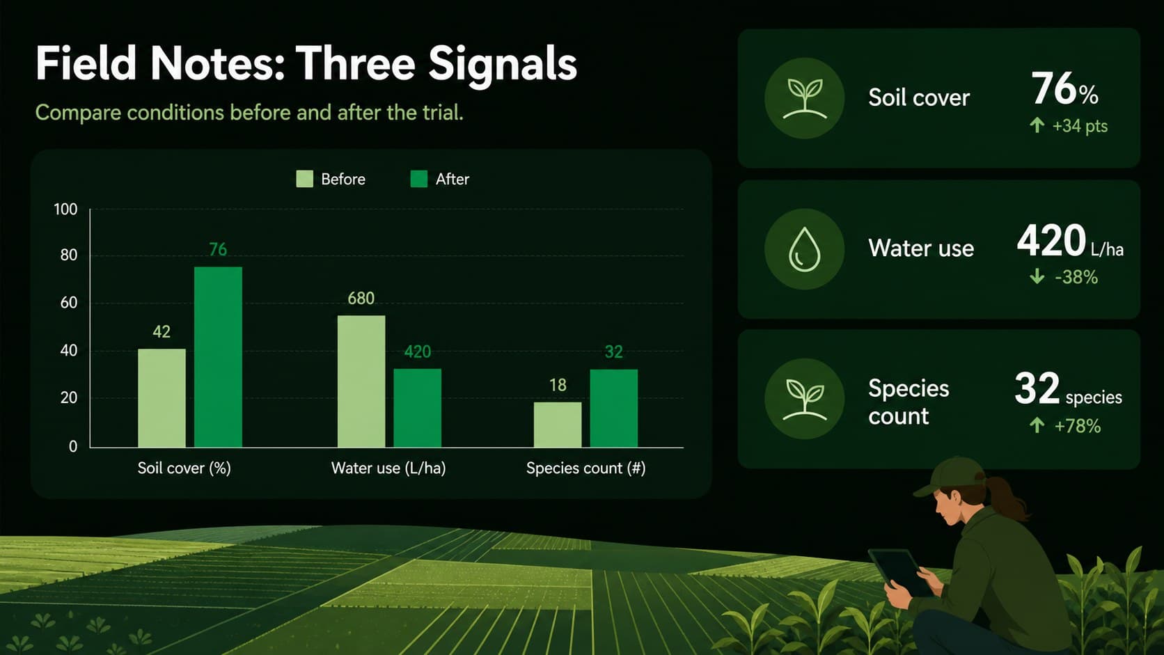 Agriculture research data slide with a green-and-black chart for environmental science analysis.