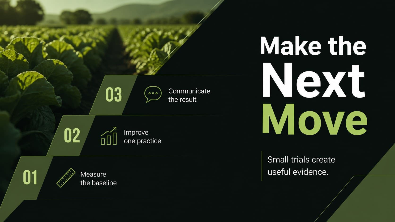 Action framework slide presenting practical sustainable farming steps for students and educators.
