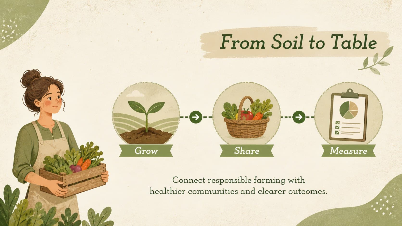Sustainable agriculture classroom presentation slide showing a three-step farm-to-table process with retro crop illustrations.