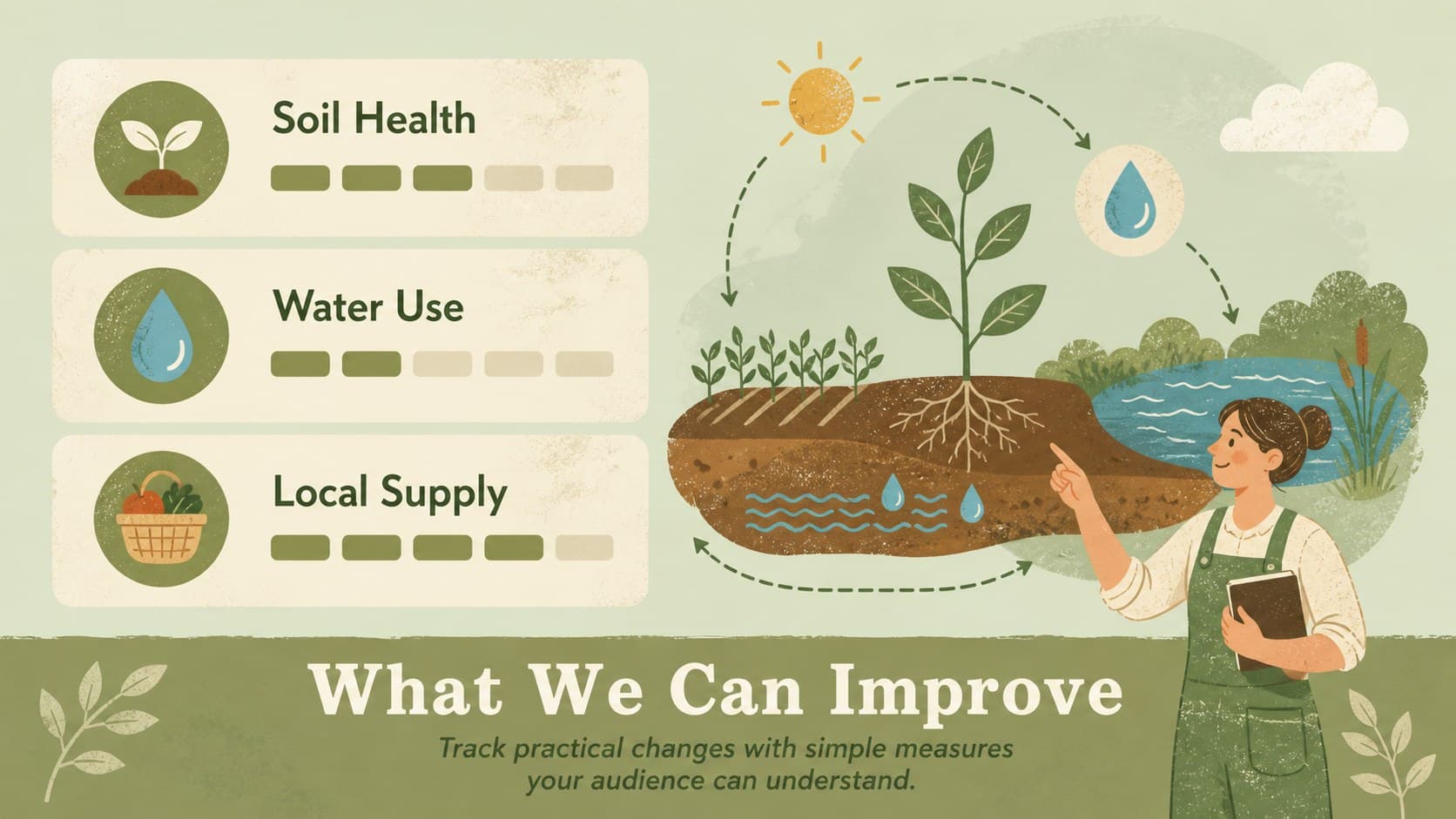 Farm to table infographic slides layout with editable sustainability metrics, crop icons, and a warm green retro design.