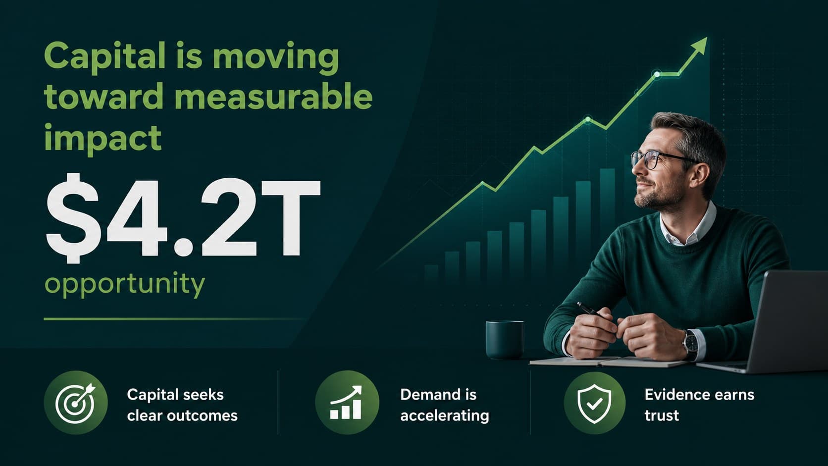 Market opportunity slide for an ESG investor presentation with finance statistics.
