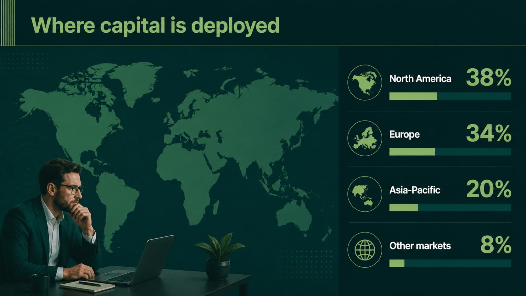 Regional allocation slide using a world map for sustainable investment analysis.