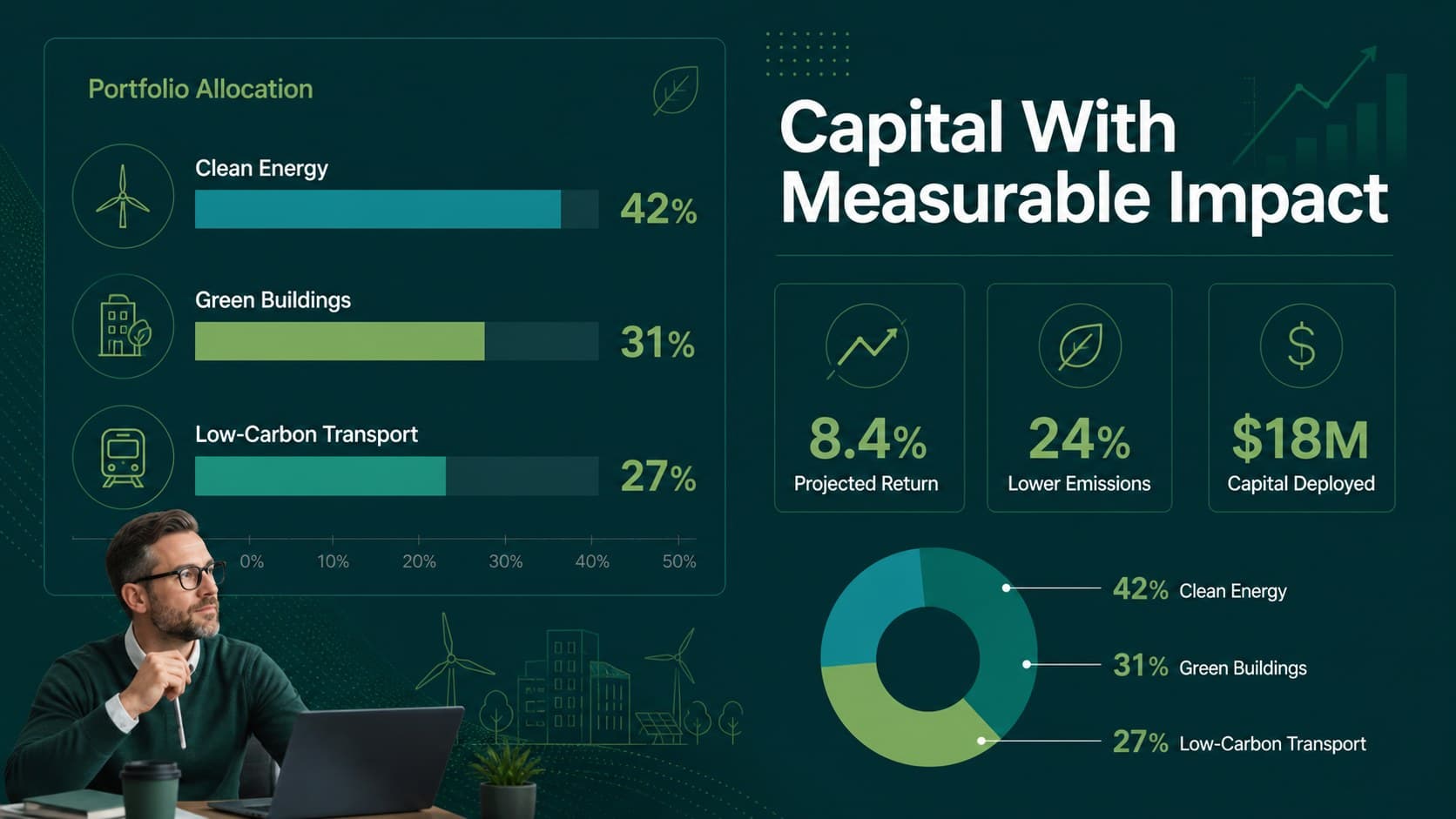 Climate finance pitch deck slide showing portfolio allocation, projected returns, and emissions reduction metrics.