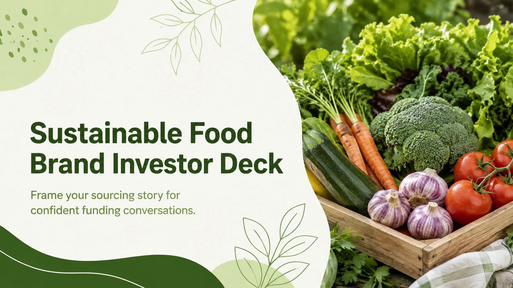 Green-and-white cover for a sustainable food brand investor deck featuring fresh produce and a clean funding presentation layout.