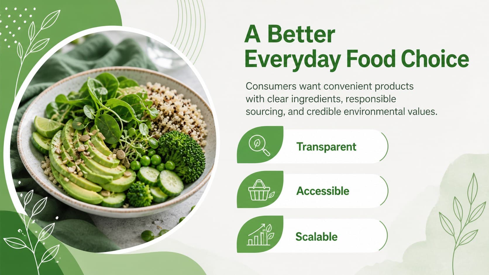 Food startup investor pitch slide introducing the opportunity for responsibly sourced everyday products.