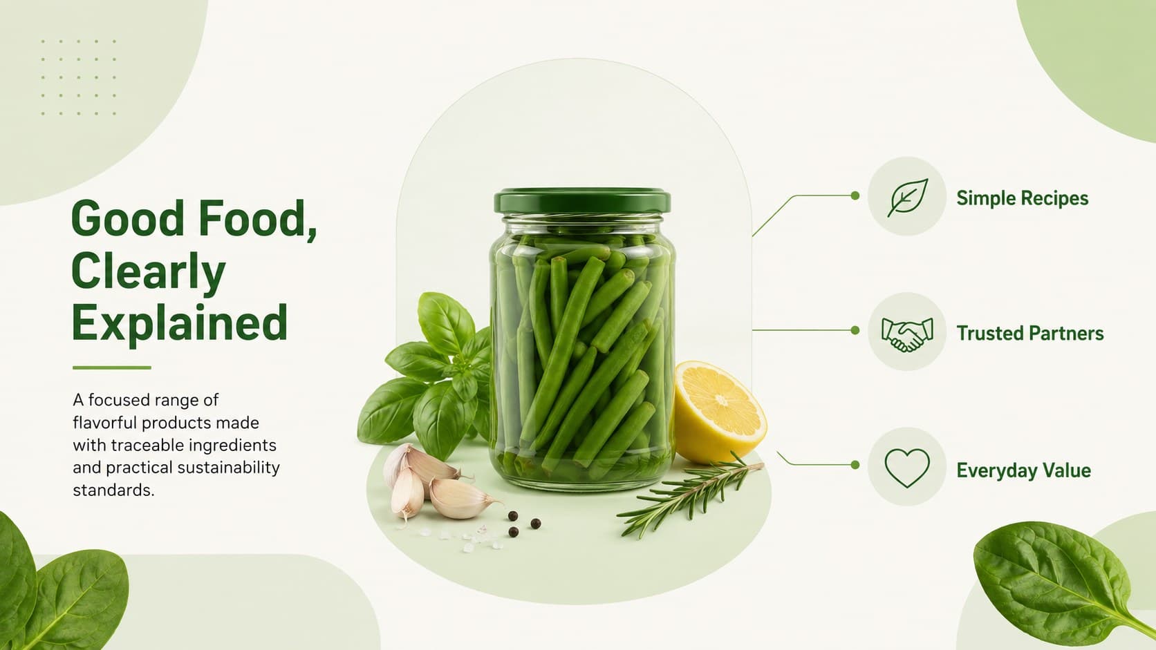 Eco-friendly food company deck slide presenting a simple product and sourcing solution.