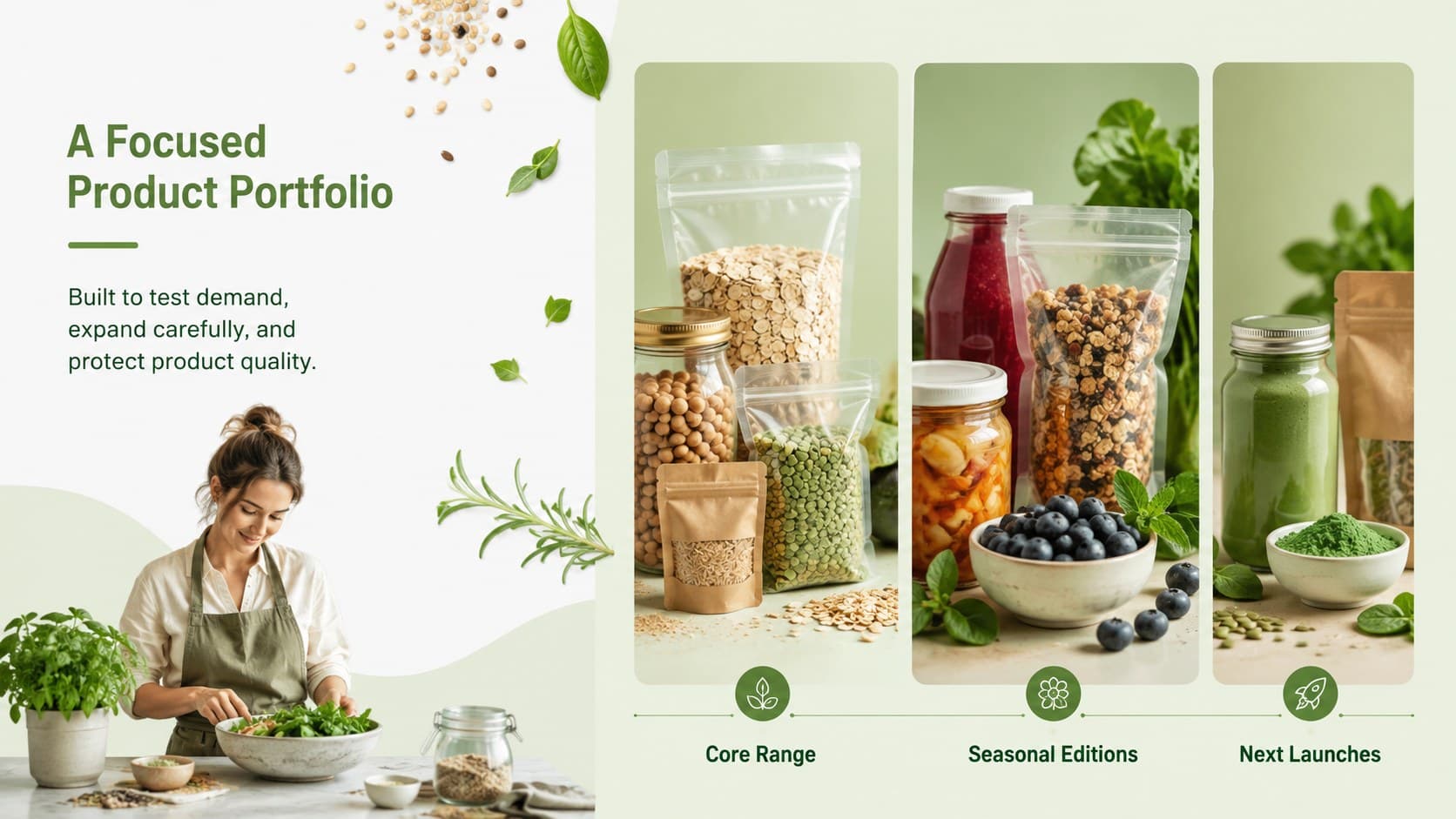 Organic food product portfolio slide displaying core, seasonal, and upcoming ranges in a green minimalist layout.