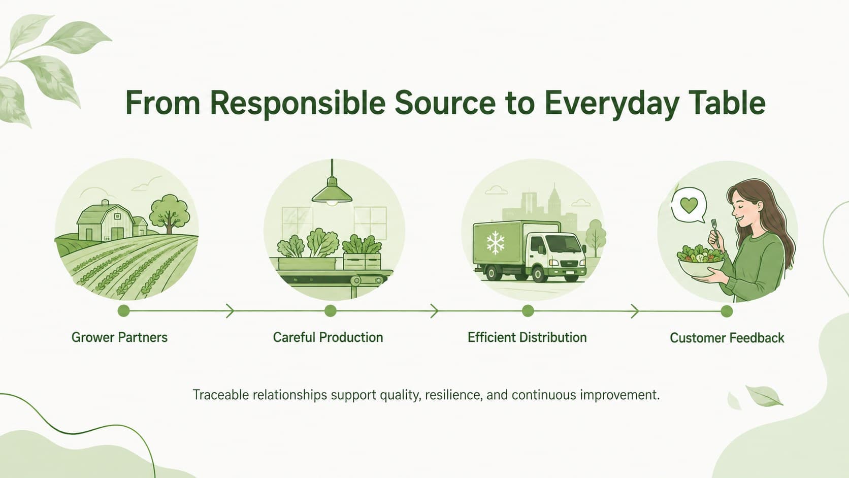 Farm-to-table business presentation slide mapping the journey from responsible growers to customers.