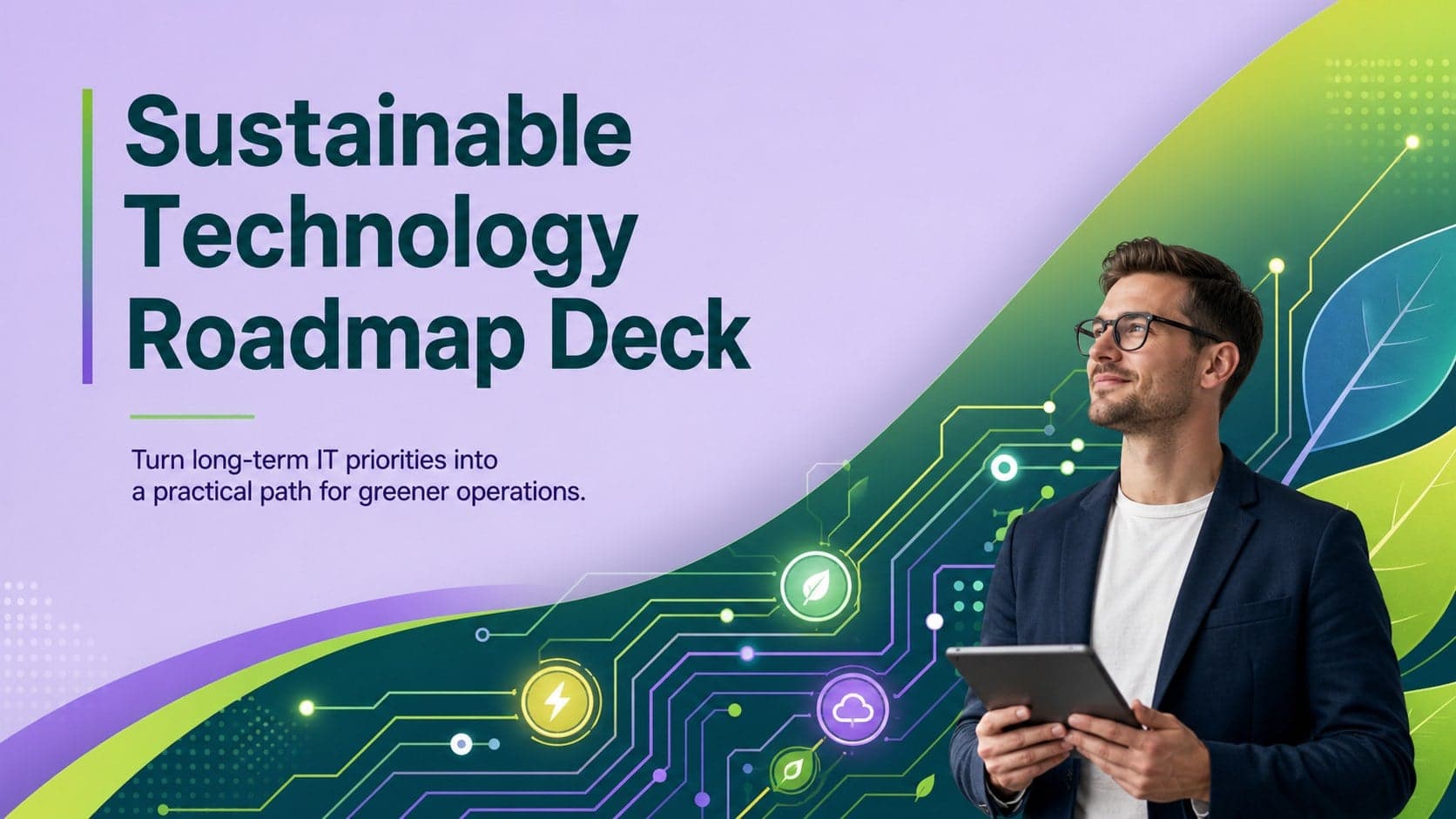 Cover of a sustainable technology roadmap deck with modern green, purple, blue, and yellow technology graphics.