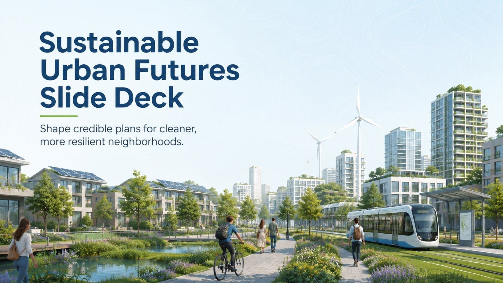 Cover of the Sustainable Urban Futures Slide Deck with a blue-green ecological skyline and connected neighborhood landscape.
