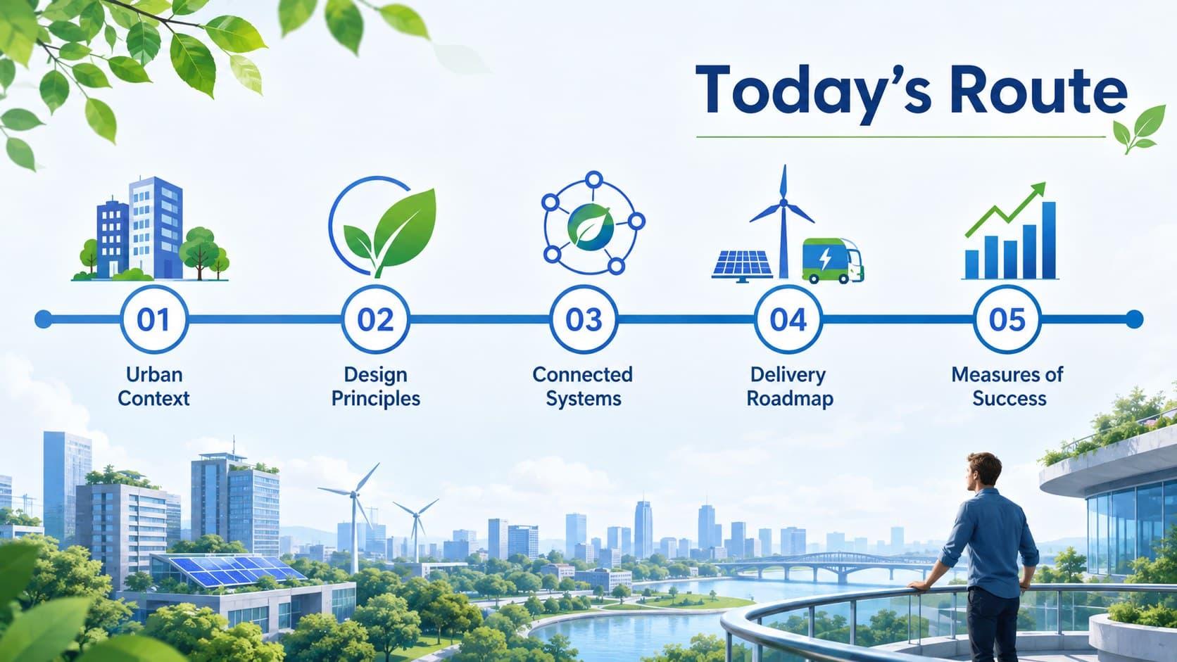 Agenda slide outlining the main sections of a sustainable city planning presentation.