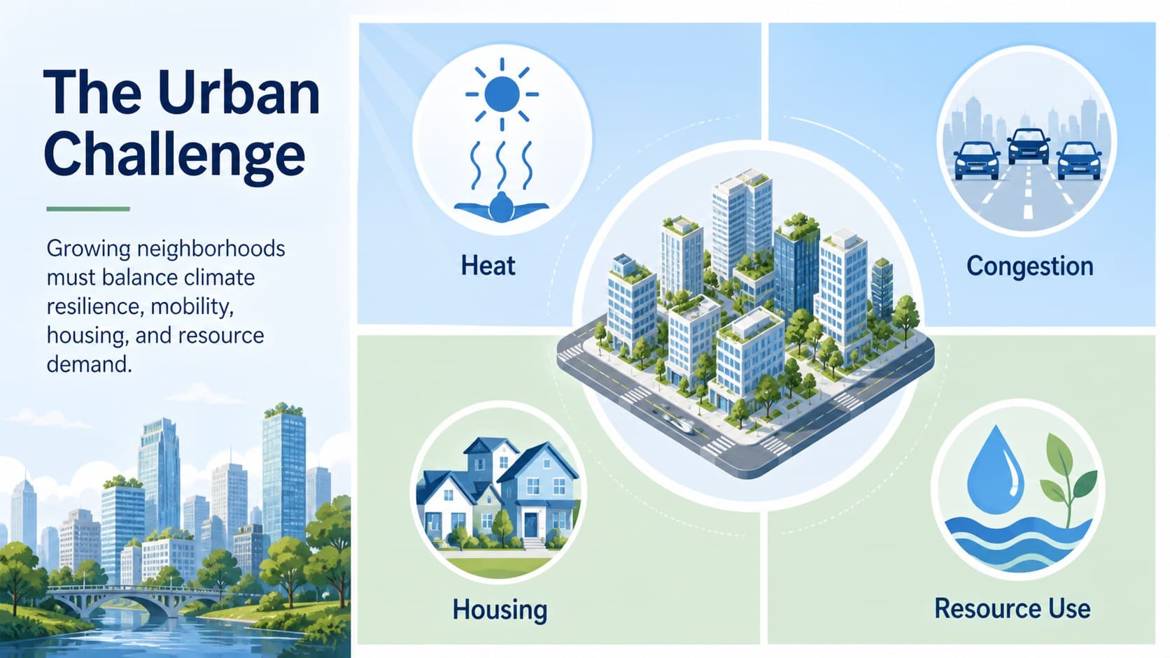 Urban resilience slide showing climate, mobility, housing, and resource pressures affecting future neighborhoods.