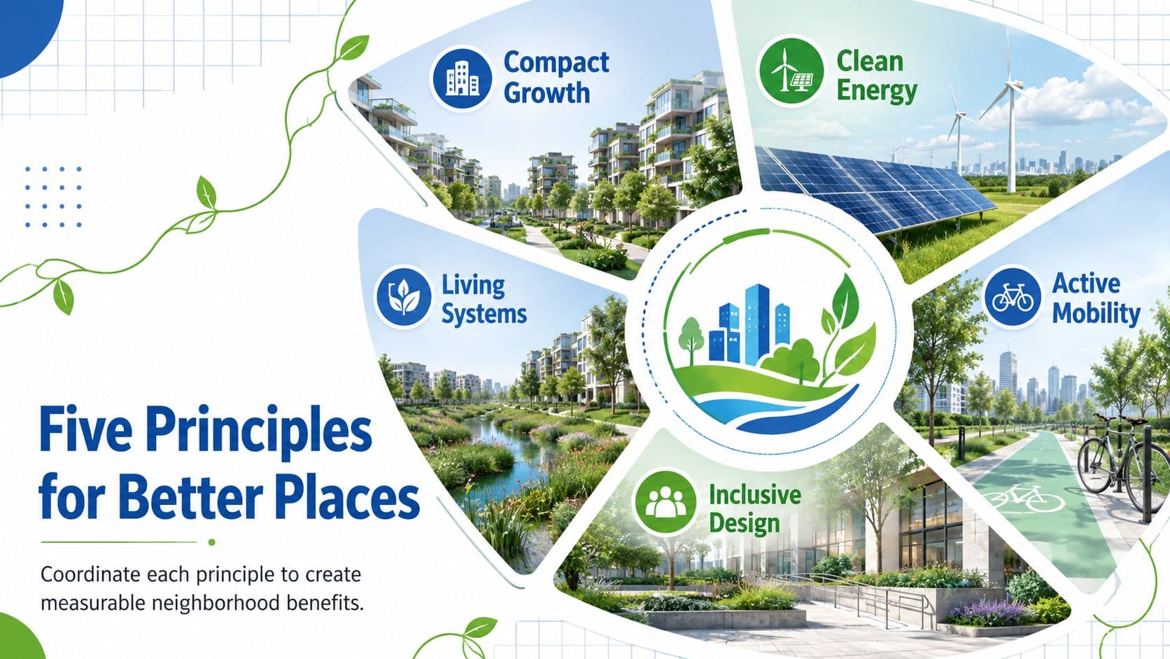 Sustainable urban design principles arranged around a circular blue-green planning diagram.