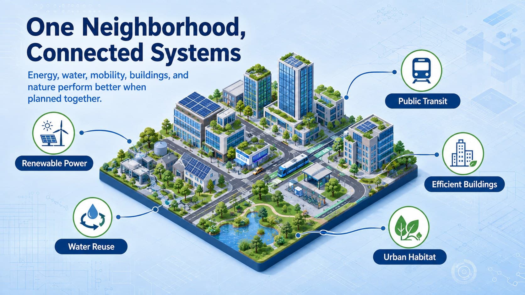 Connected neighborhood systems diagram linking energy, water, mobility, buildings, and nature.