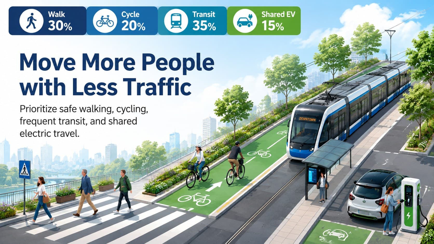 Smart mobility strategy slide comparing walking, cycling, public transit, and shared electric travel.