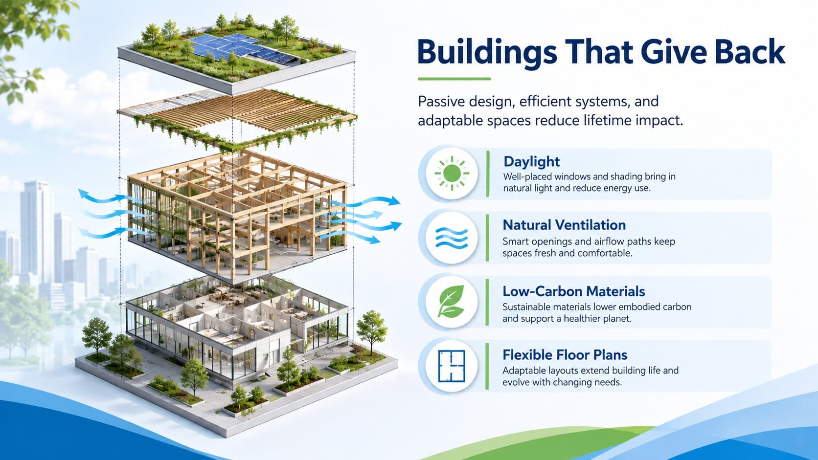 Sustainable architecture pitch deck slide comparing passive design and resource-efficient building features.