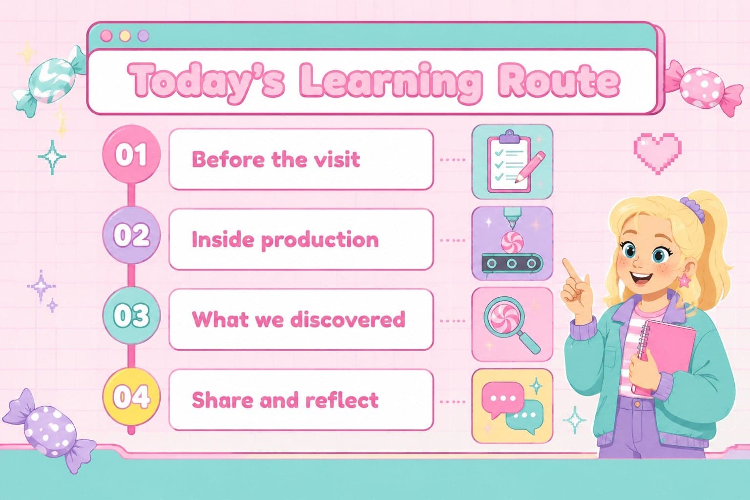 Pastel agenda slide outlining the learning route for a candy factory visit.