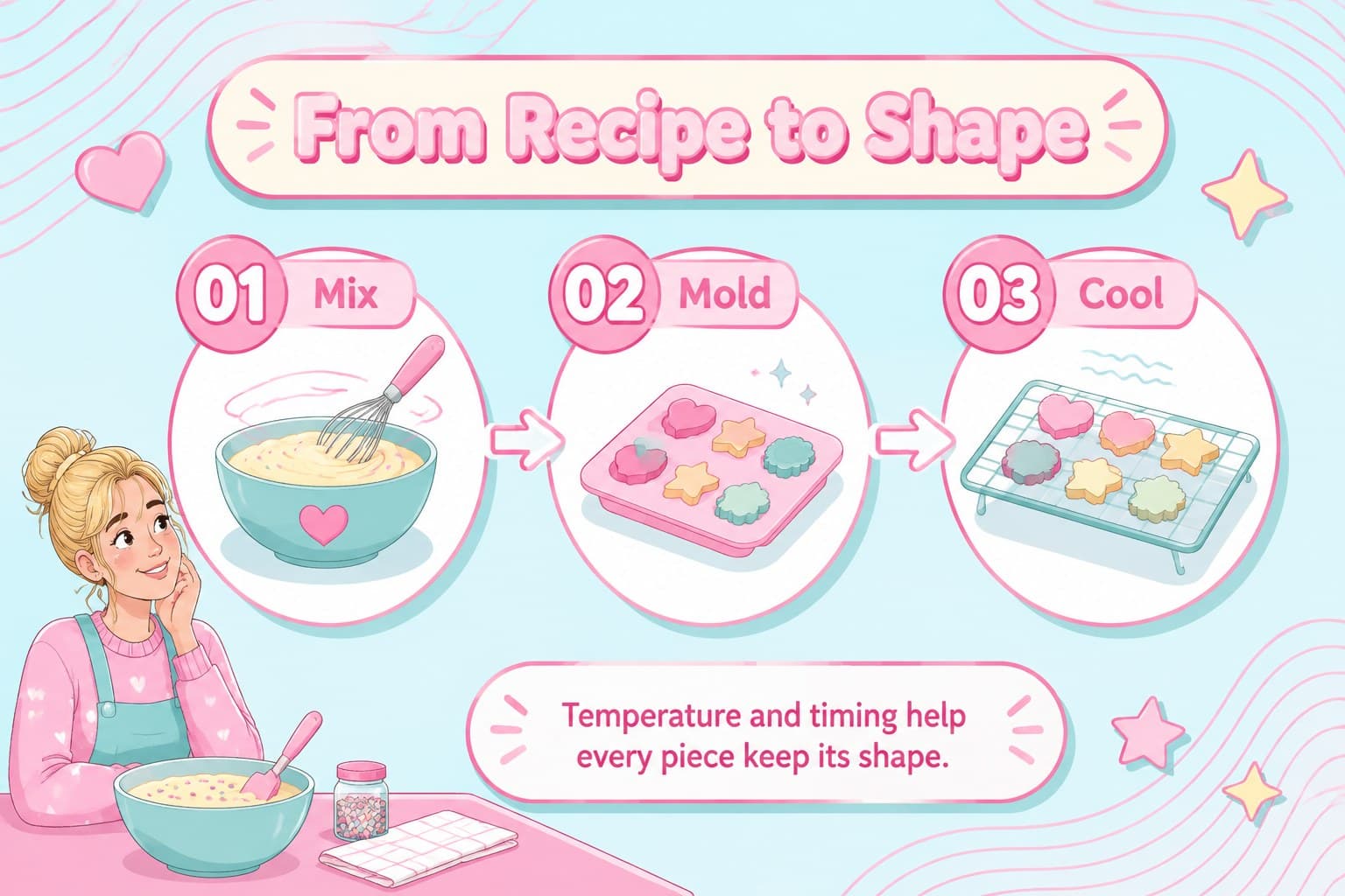 Candy making process slide showing a three-step production sequence.