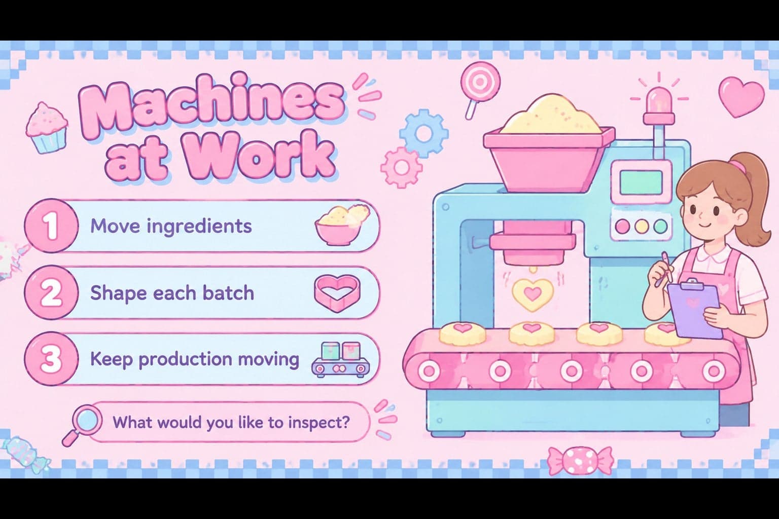 Factory equipment slide with labeled pastel illustrations for students.