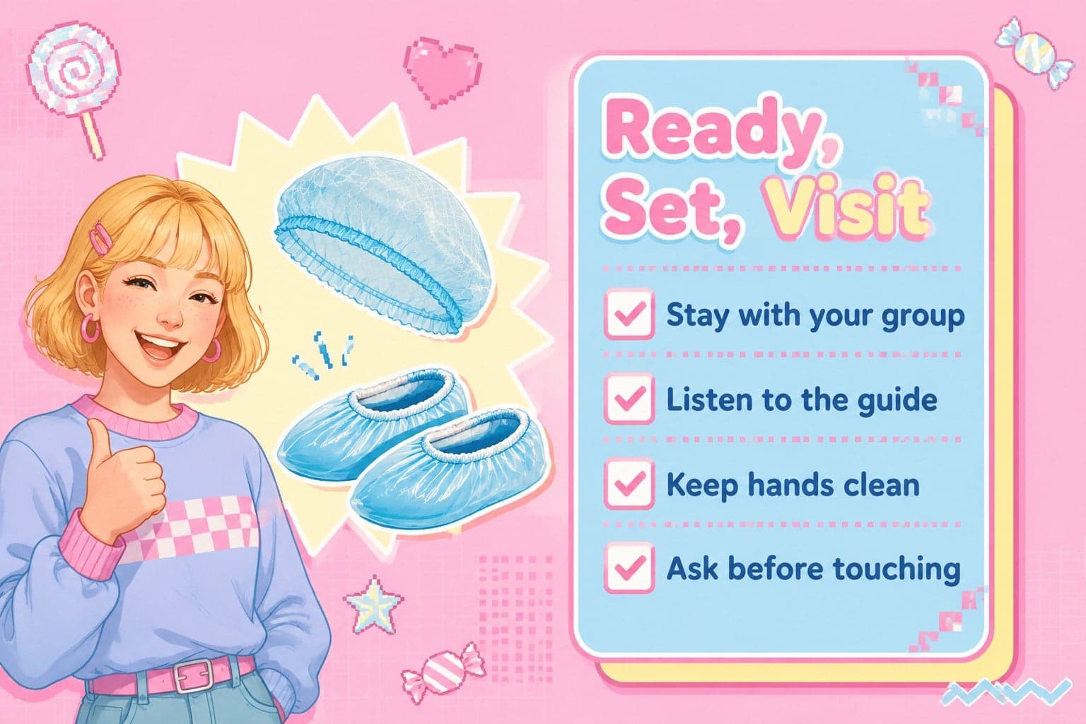 Safety checklist slide for students visiting a sweet production facility.