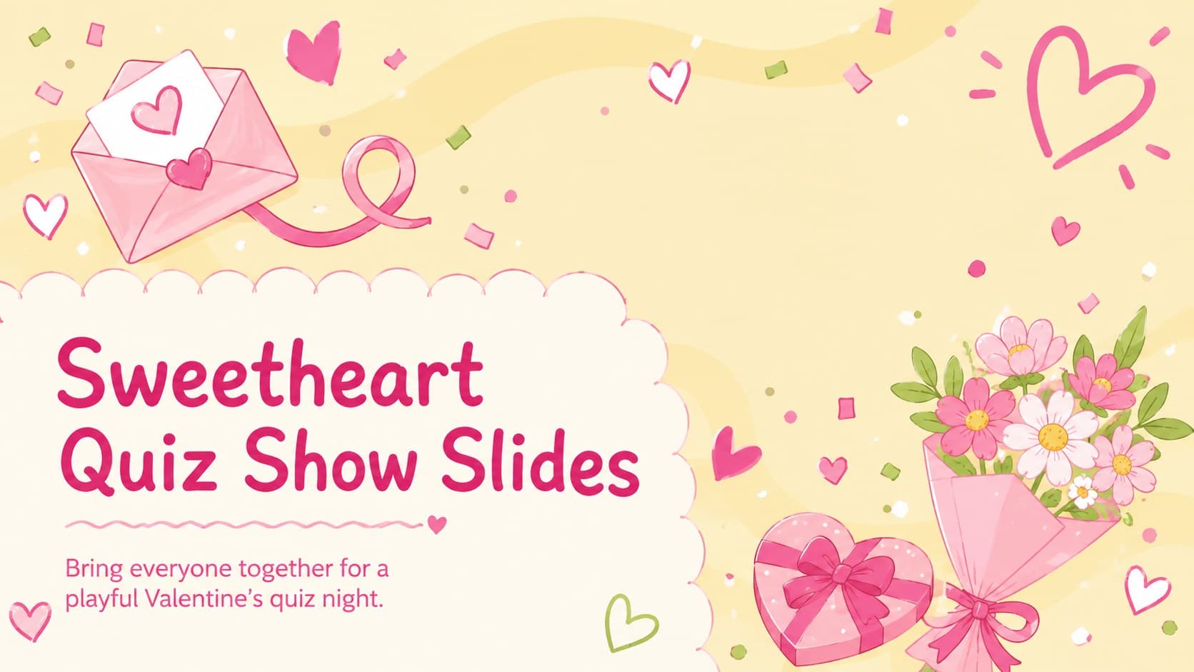 Cover for Sweetheart Quiz Show Slides with sunny pastel colors, heart doodles, and playful game-night typography.