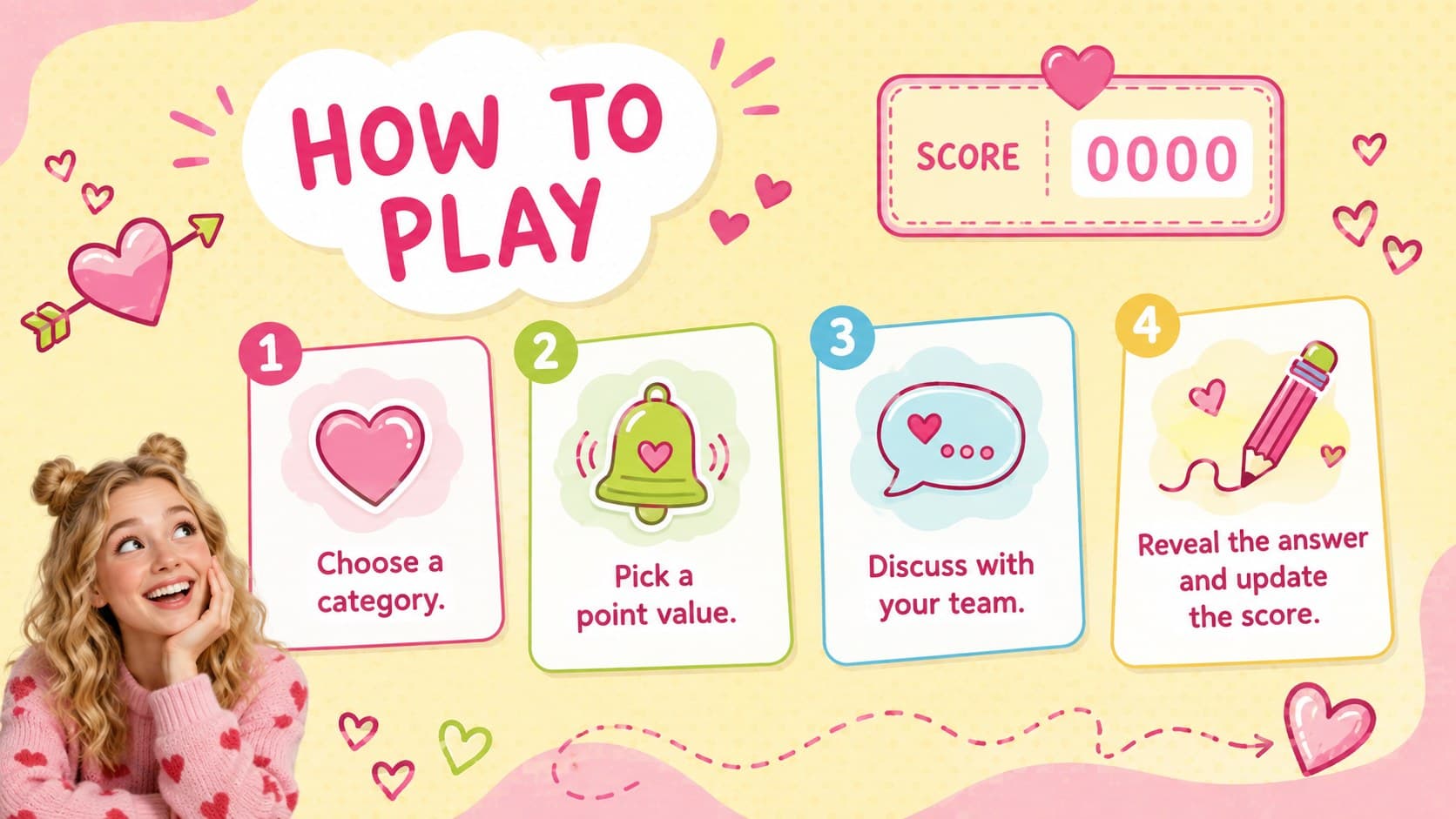 How to play page for a Valentine's quiz show presentation with illustrated team and scoring instructions.