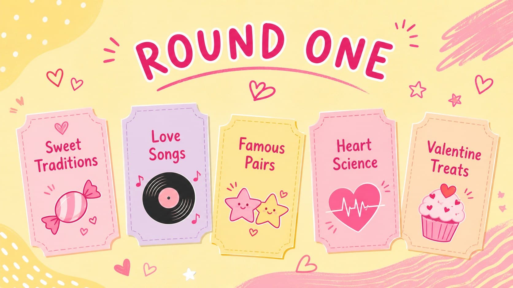 Round one category board for an editable Valentine trivia game with five playful topics.