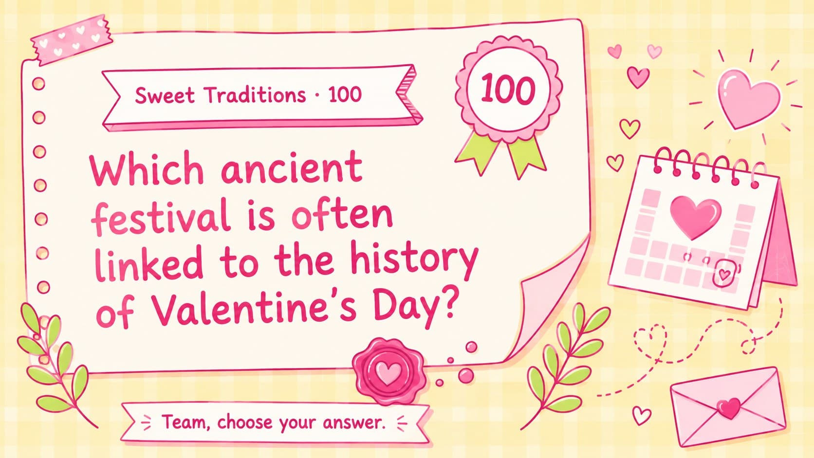 Sweet Traditions question slide in a pastel love themed game deck with a large readable clue.