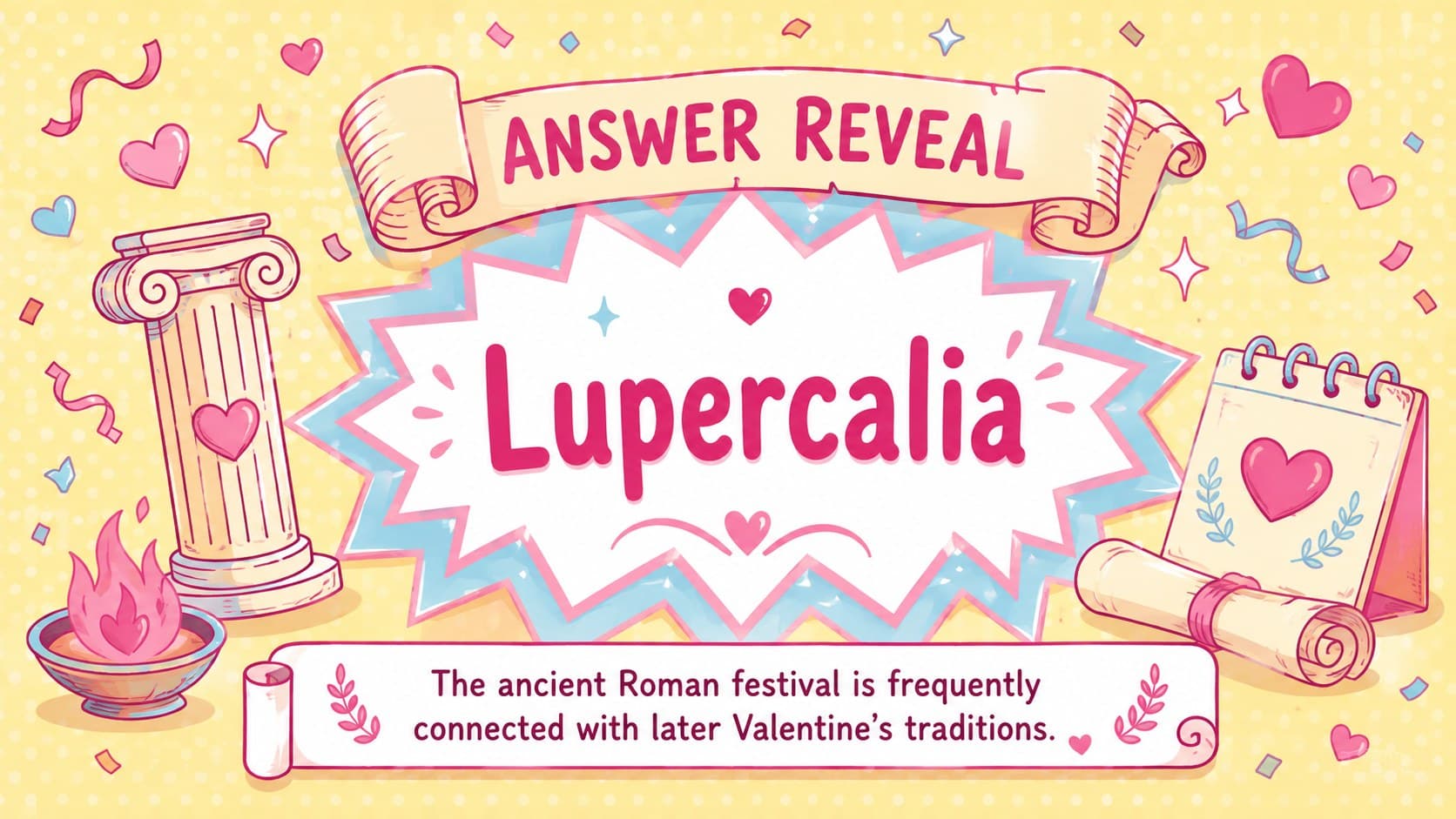 Answer reveal slide for a classroom Valentine quiz with the response Lupercalia and celebratory doodles.