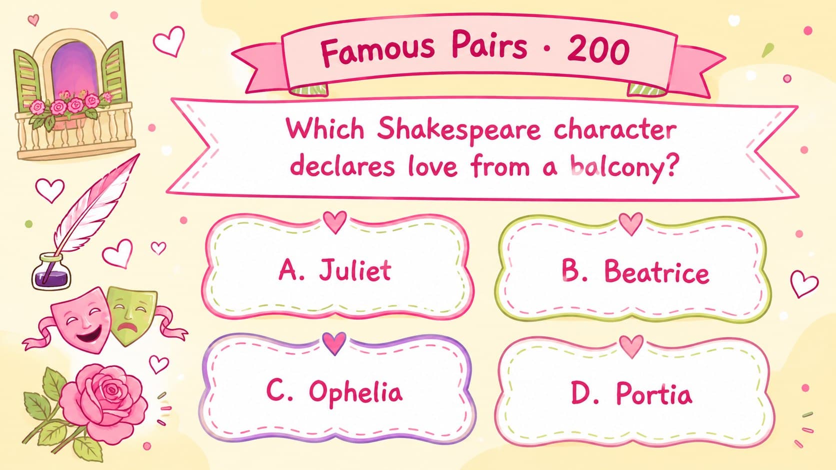 Famous Pairs multiple-choice page for a romantic holiday party quiz in yellow and pastel colors.