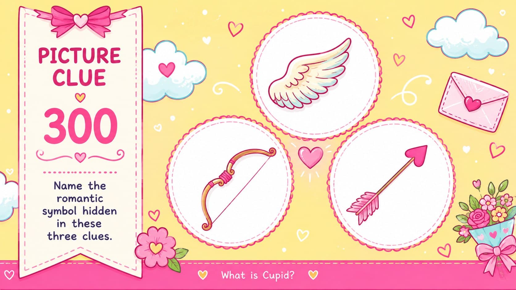 Picture clue page for Google Slides Valentine trivia featuring original floral and envelope illustrations.
