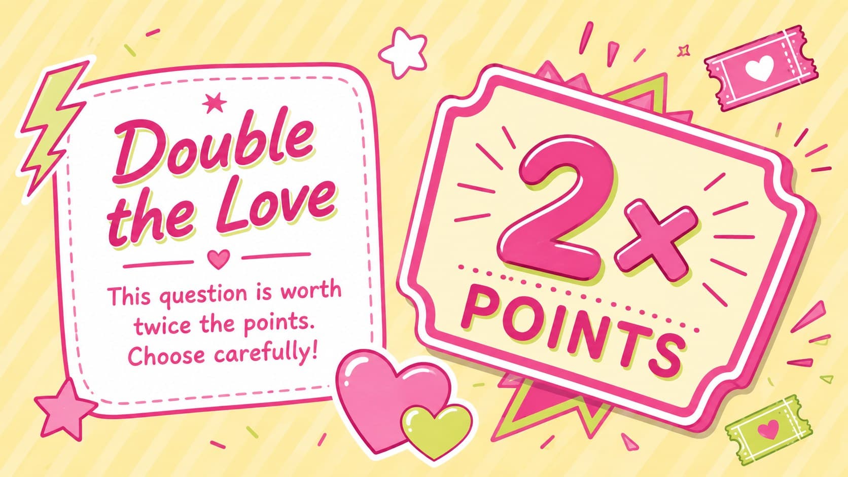 Double points challenge slide for an interactive Valentine's quiz show presentation.