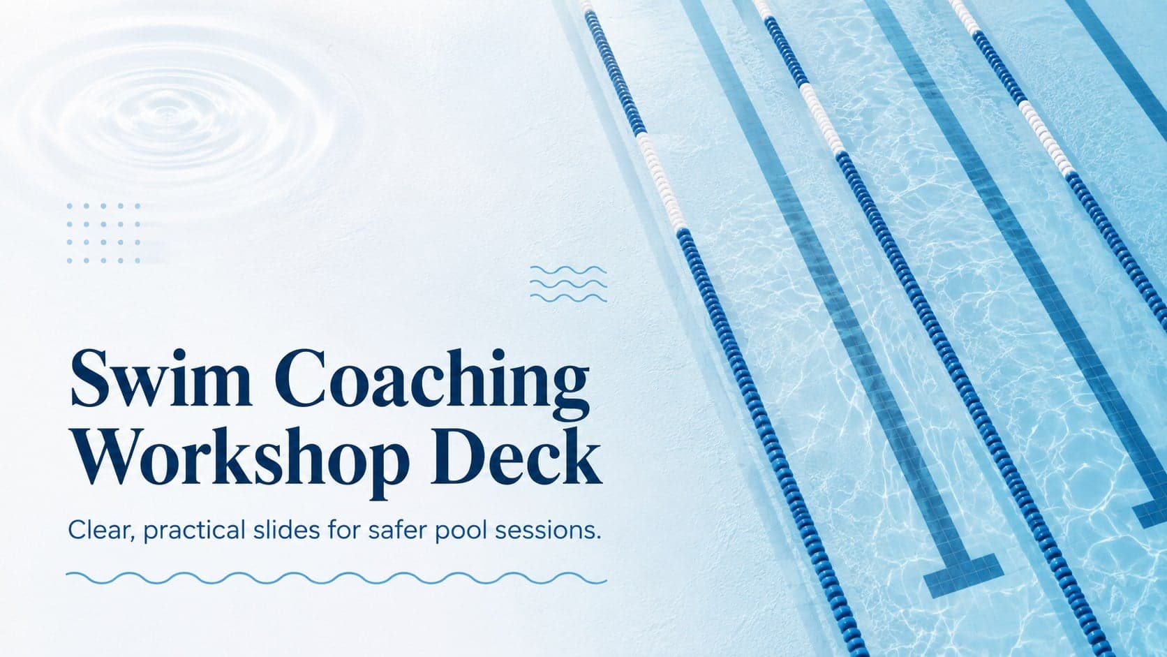 Blue-and-white Swim Coaching Workshop Deck cover with clean aquatic graphics and a concise instructor-focused subtitle.