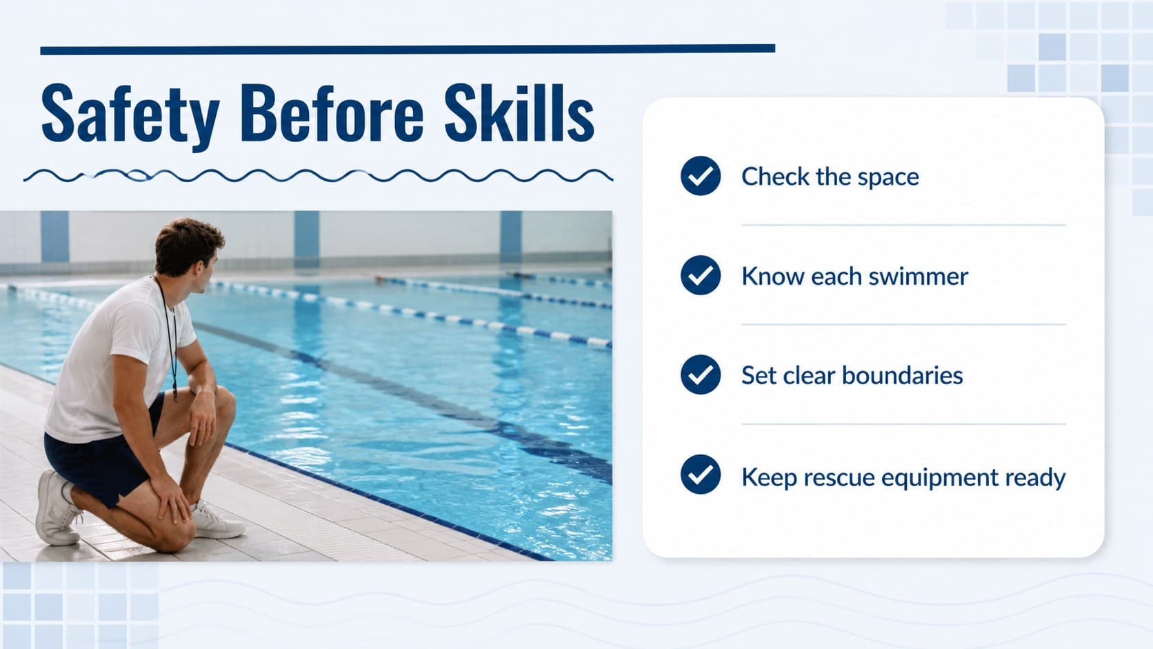 Pool safety workshop presentation slide showing preparation, awareness, and response guidance.