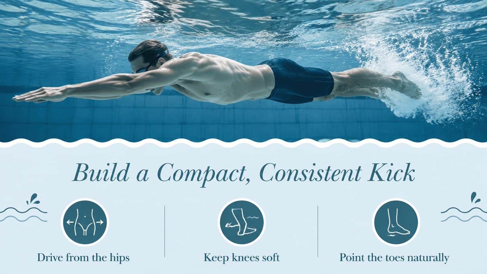 Swim class planning slide showing compact kicking technique and three coaching cues.