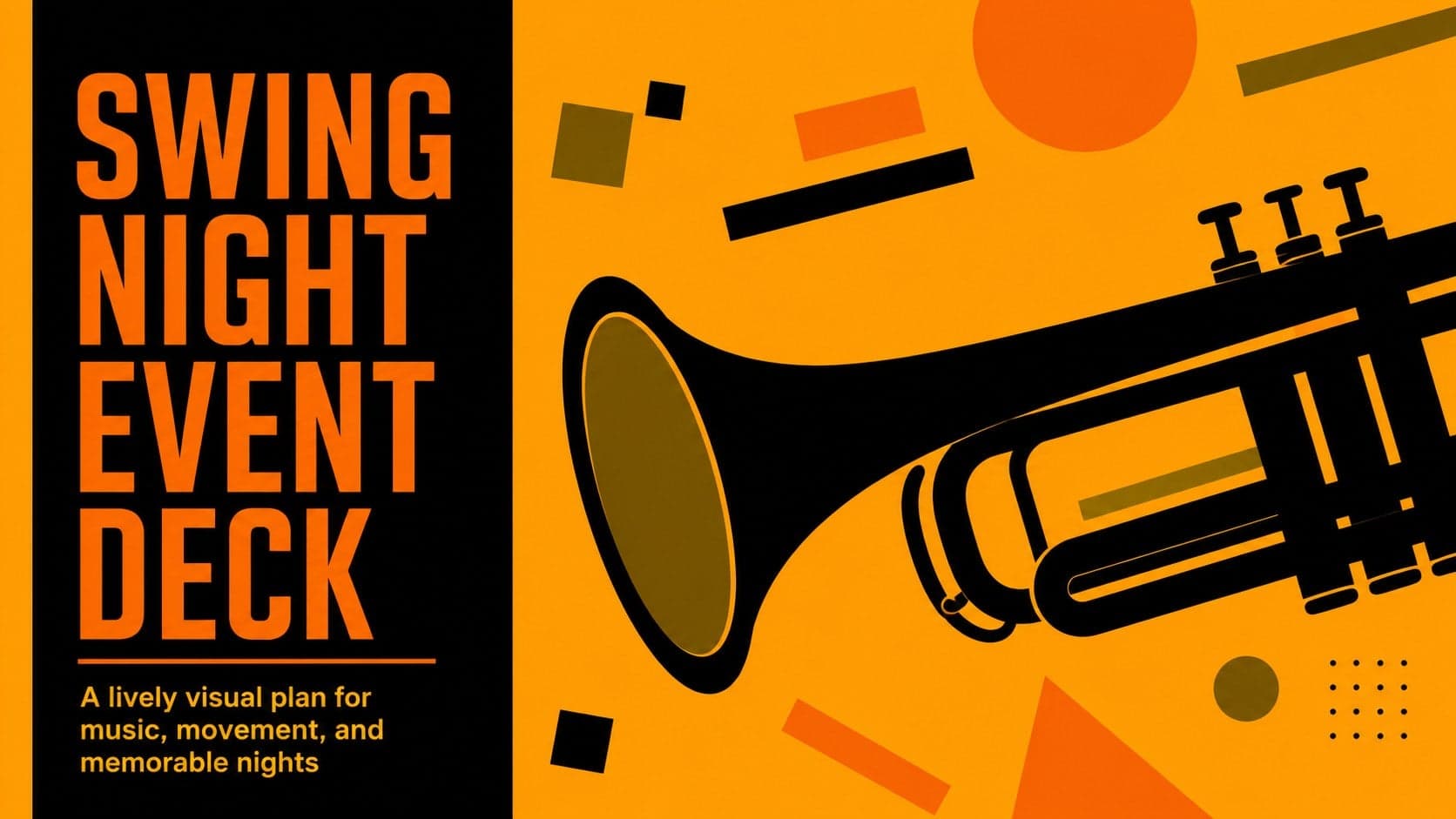 Cover slide for a swing night event deck with bold orange and black typography and colorful geometric accents.