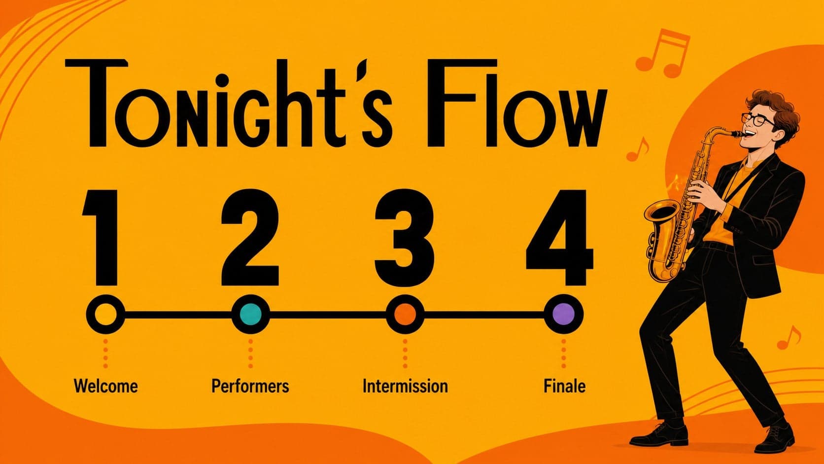 Agenda slide organizing performers, timing, venue details, and audience moments for a live music event presentation.