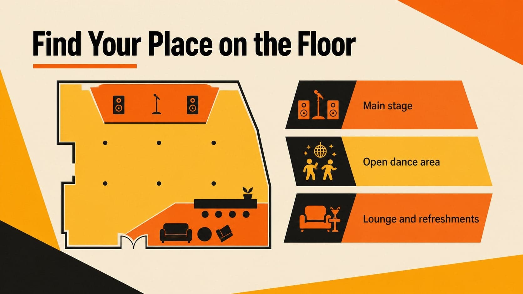Venue information slide highlighting the room layout, dance floor, and guest experience for a swing night event.
