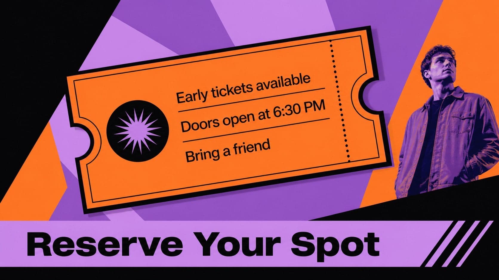 Promotion slide displaying ticket messaging and event highlights for an orange black event presentation.