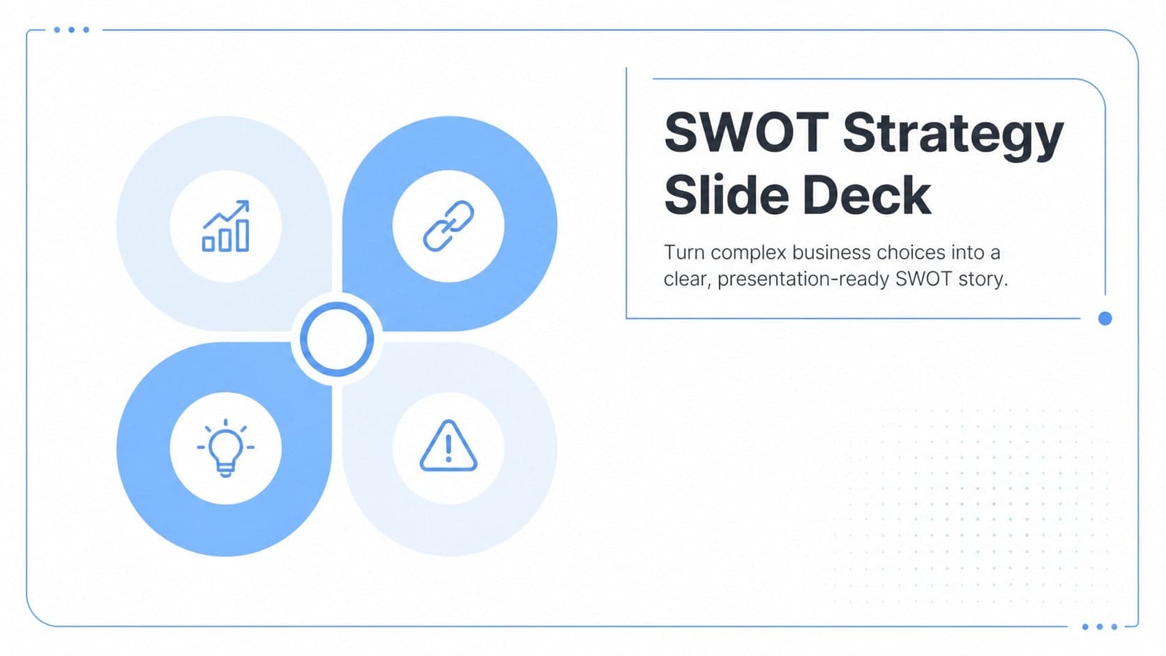 Cover slide presenting a clean blue-and-white SWOT strategy slide deck for business planning.