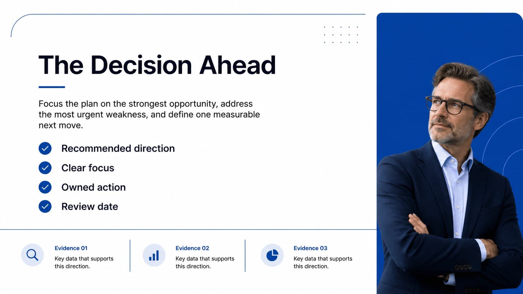 Closing recommendation slide summarizing a focused strategic direction from SWOT analysis.