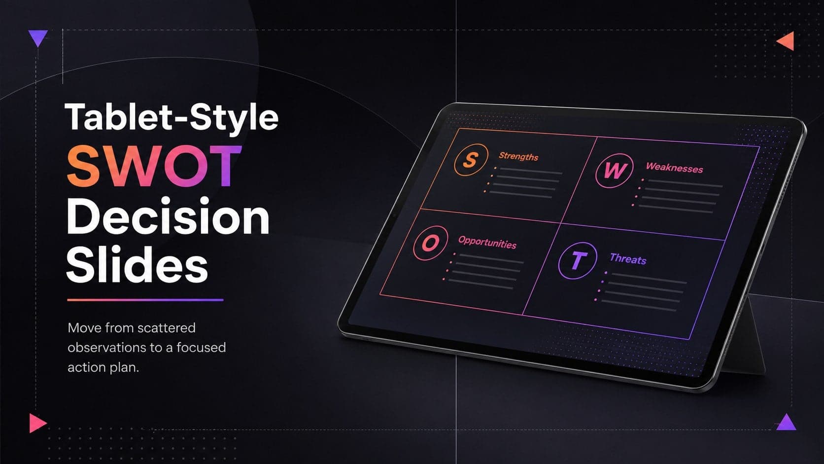 Cover for Tablet-Style SWOT Decision Slides with a sleek black-gradient tablet interface and strategic planning graphics.