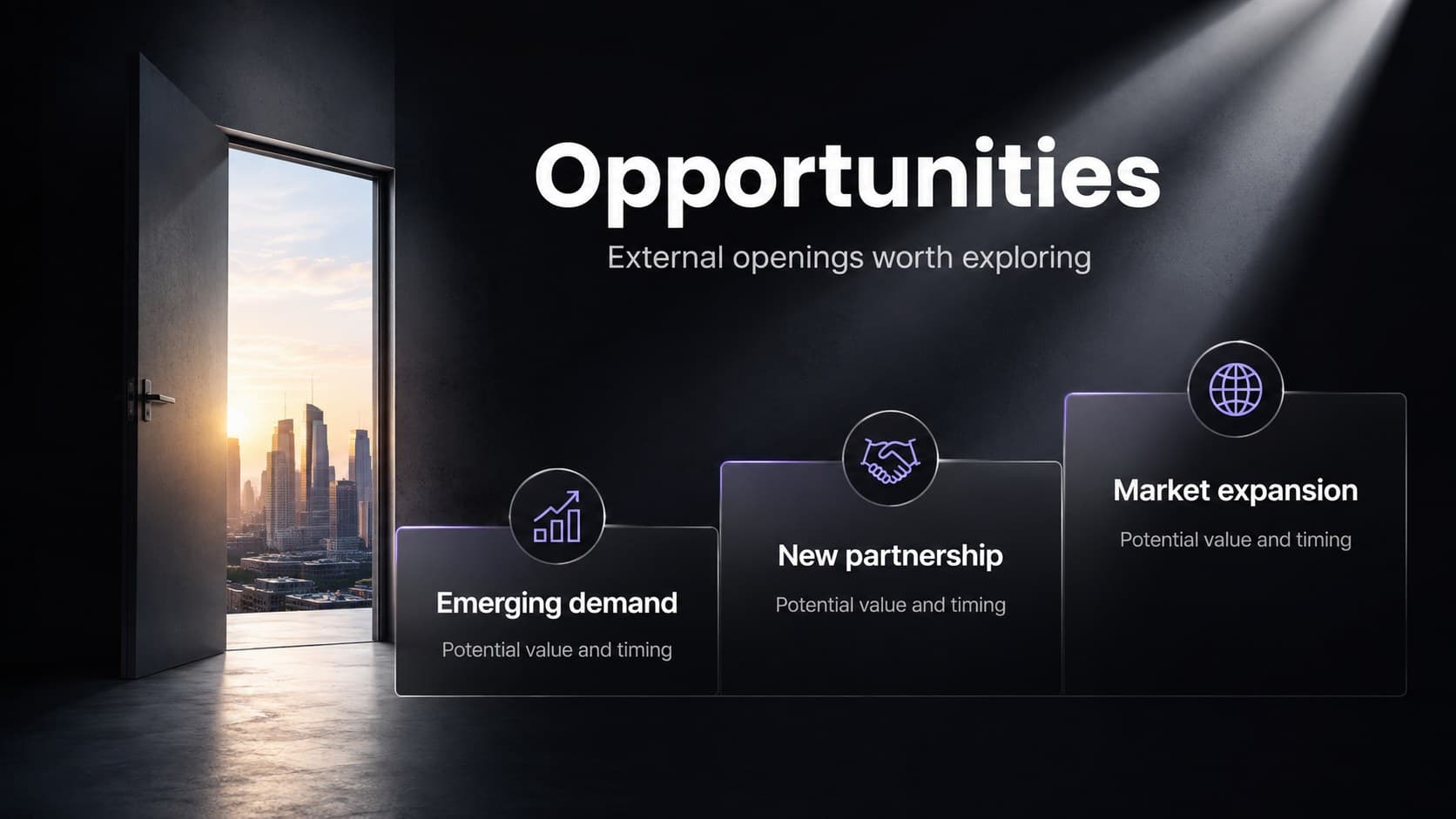 Opportunities page in a black-gradient SWOT presentation showing market openings and potential business value.