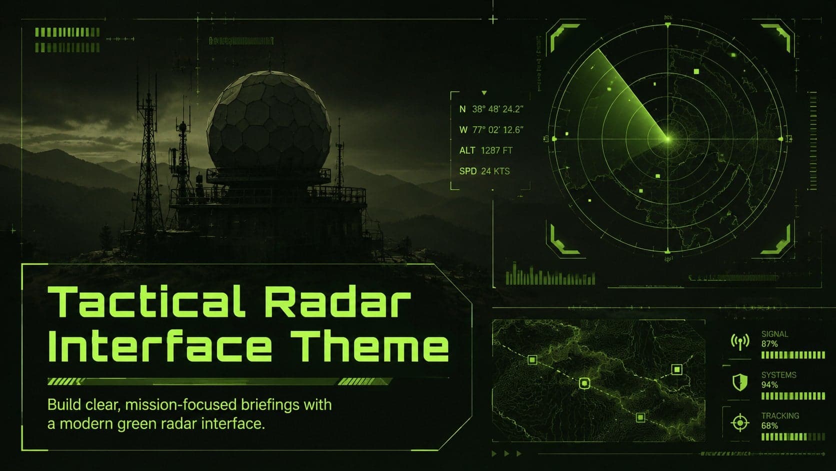 Cover for the Tactical Radar Interface Theme with a glowing green scanning display and technical grid.
